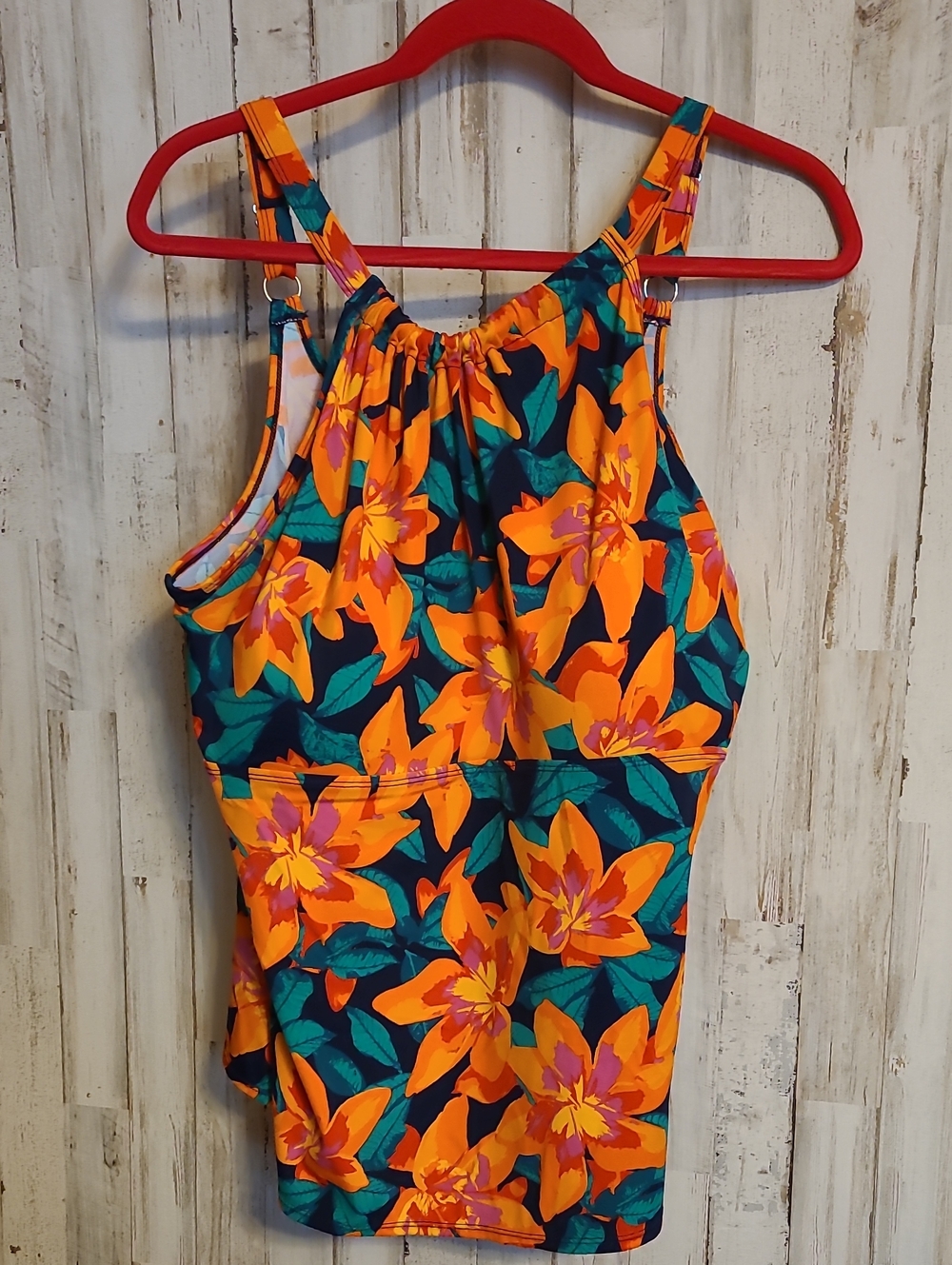d & Co Women’s Floral High-Neck Swim Tankini Top - Orange/Teal